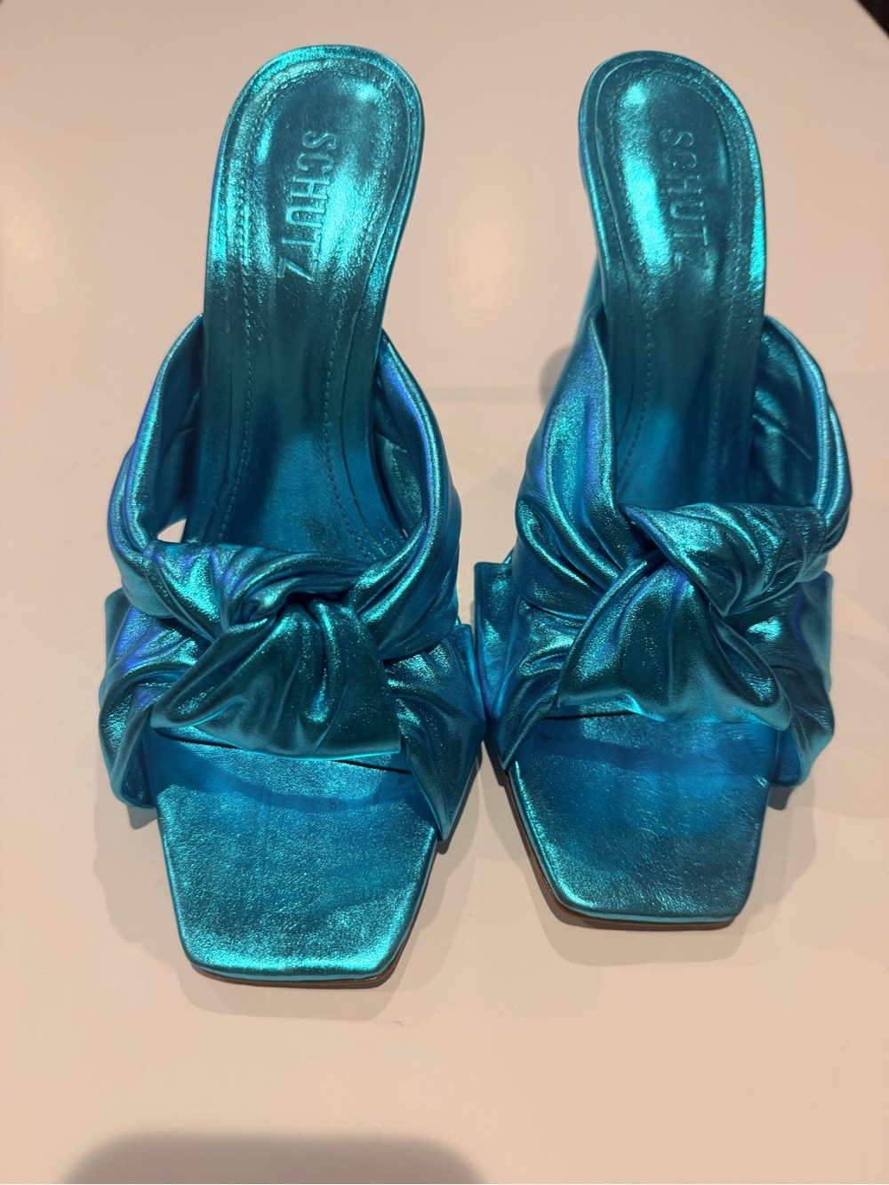 SCHUTZ Metallic Teal Knot Slip-On Heels - Picture 4 of 10